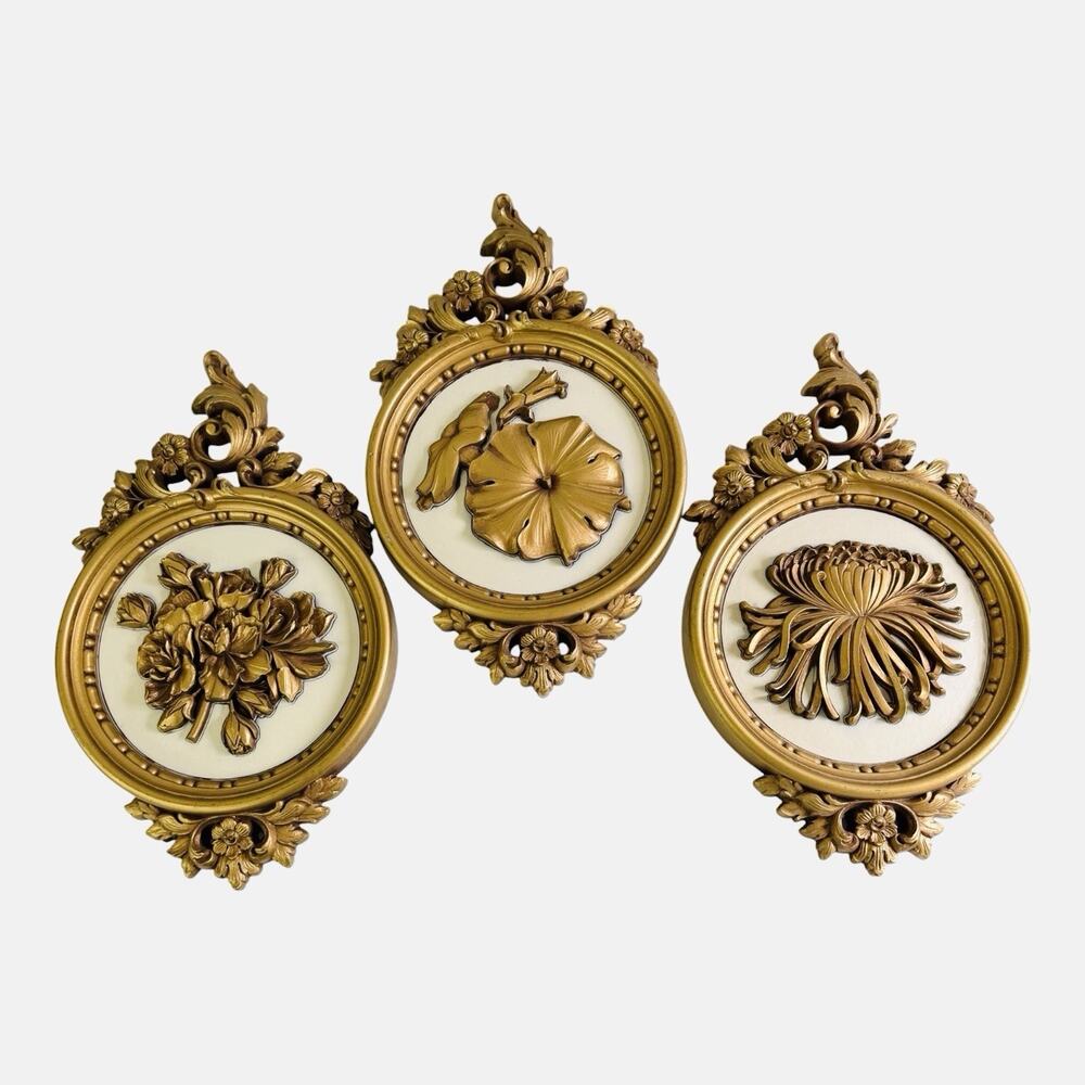 Vintage Dart Ind. 1977 Syroco MCM Wall Plaques 7490B Floral Gold/Cream Set Of 3